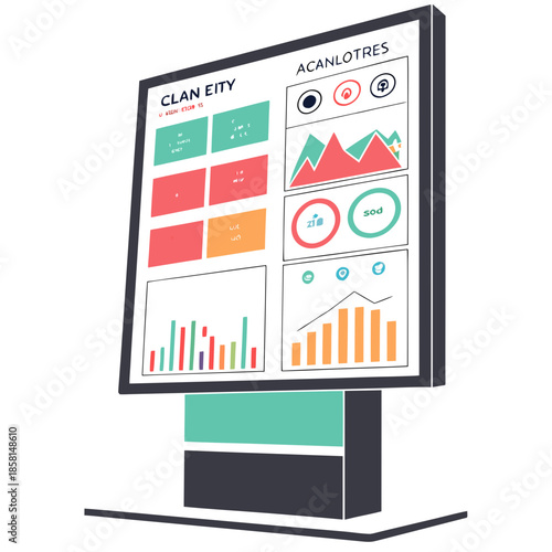 A modern digital display showcasing data visualization with charts graphs and key performance indicators in a sleek presentation
