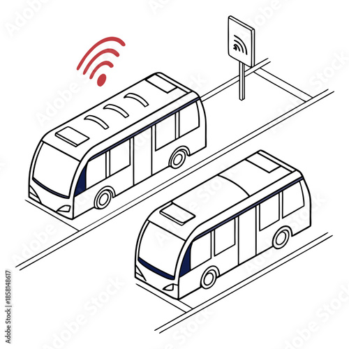 The image depicts a futuristic public transportation system with two autonomous buses communicating wirelessly with infrastructure high quality