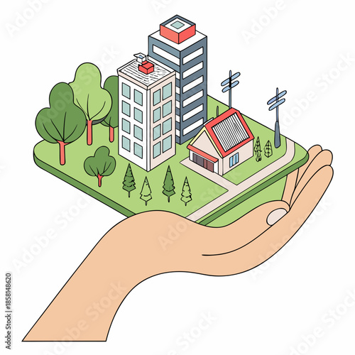 A hand gently cradles a miniature isometric city landscape featuring buildings trees and a small house with a red roof