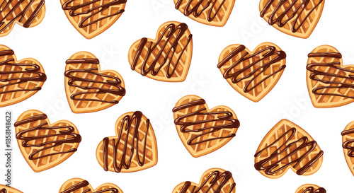 A sweet seamless pattern of heart-shaped Belgian waffles drizzled with delicious melted chocolate sauce, perfect for valentine's day.