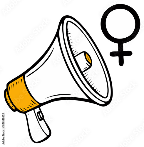 Hand-drawn megaphone and female symbol illustration for activism, protest, and equality concepts
