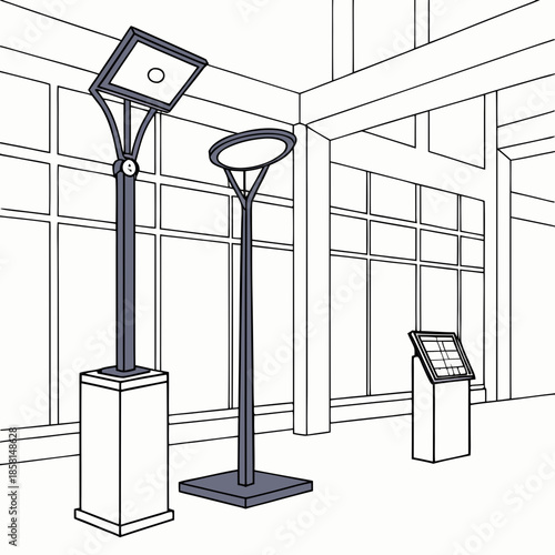 A minimalist illustration depicts three uniquely designed freestanding information kiosks inside a spacious light filled architectural interior space