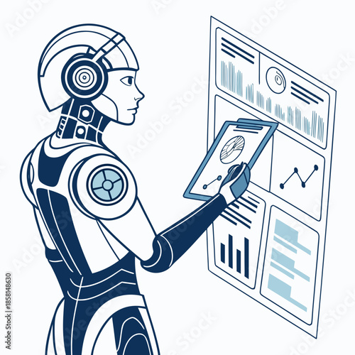 A futuristic female cyborg with a headset examines data displayed on a transparent digital tablet screen high quality