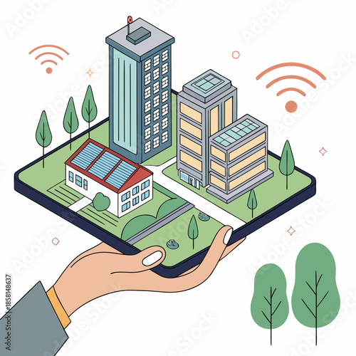 A digital representation of a smart city showcased on a tablet held by a hand with connected wireless signals