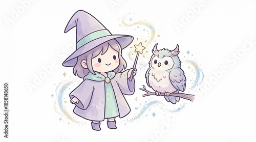 Charming Little Witch with Owl Companion