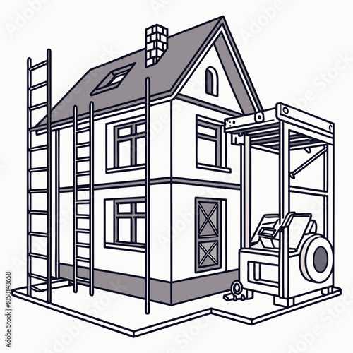A charming illustration depicts a house undergoing construction featuring a ladder scaffolding and building materials nearby high quality