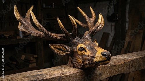 Realistic Carved Animal Head in Workshop Setting