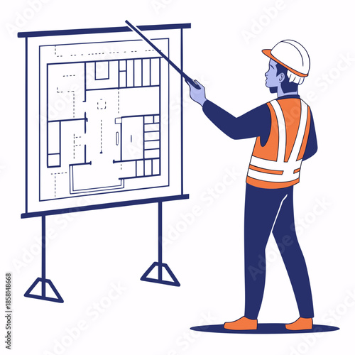 An architect presenting a building blueprint using a pointer while wearing a safety helmet and vest for construction oversight