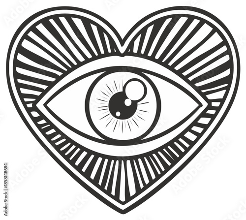 Mysterious Eye Within a Heart Shape with Radial Lines Symbolizing Awareness and Vision