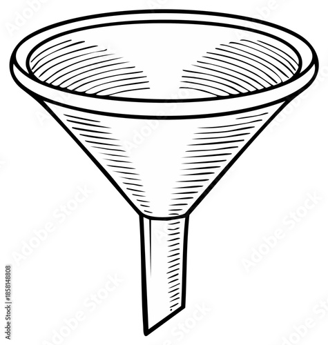 Vintage engraved style kitchen funnel for pouring liquids black and white line art