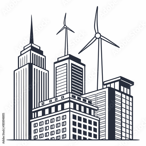 A striking monochrome illustration depicts a modern cityscape featuring skyscrapers and wind turbines blending urban development with sustainable energy