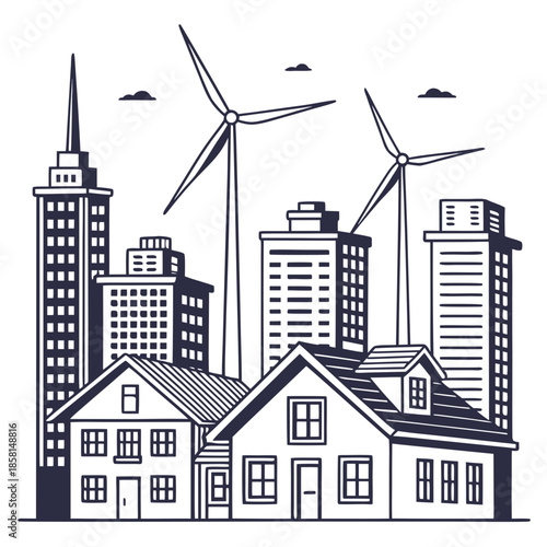 A picturesque cityscape illustration depicts modern buildings traditional houses and majestic wind turbines showcasing a blend of urban and renewable