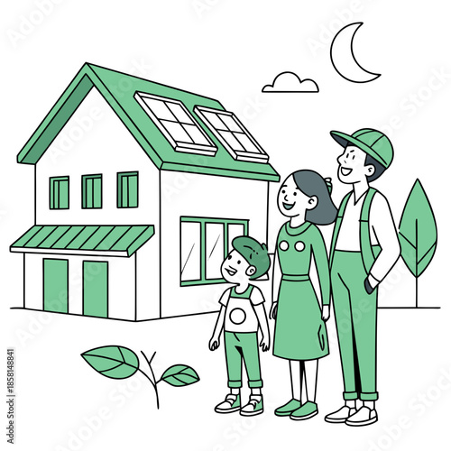 a family stands proudly in front of their eco friendly home powered by sustainable solar panels under a crescent moon