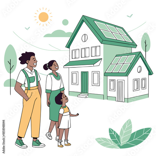 A happy family stands admiring their eco friendly home powered by sustainable solar panels under a bright cheerful sun