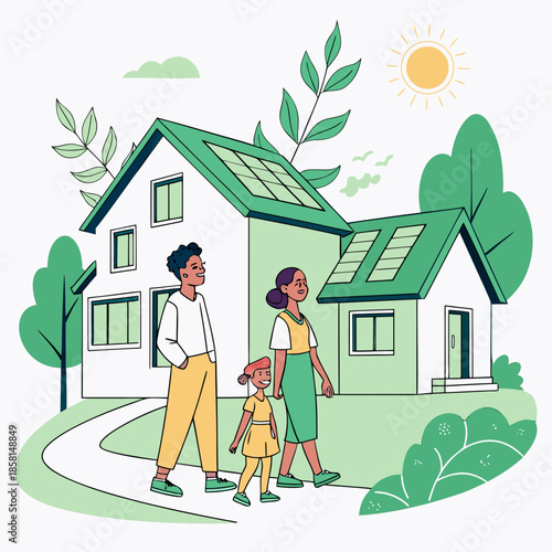 A cheerful family walks towards their green eco friendly home equipped with solar panels under a bright sunny sky