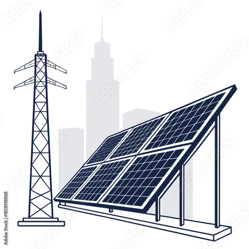 A modern cityscape illustration features a solar panel transmission tower and distant skyscrapers representing renewable energy integration