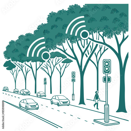 A stylized illustration depicts a street lined with trees incorporating wireless signals and pedestrian activity representing smart city technology