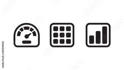 Simple icons for dashboard elements in minimalistic style with monochrome color scheme on white background for data visualization