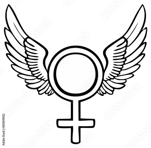 Female Gender Symbol with Wings Illustration, Freedom, Female Power and Independence, Outline Art with Wings and Female Symbol