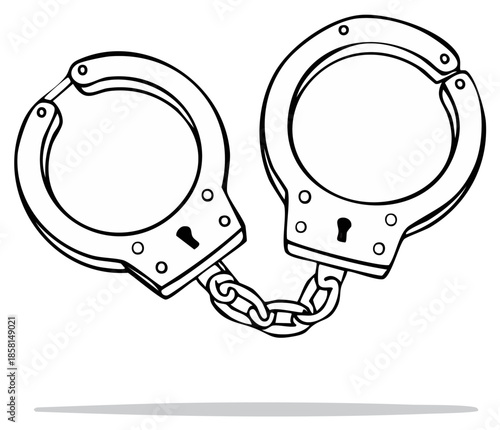 Vector illustration of metal handcuffs with chain and locks, security and crime prevention line art, criminal justice enforcement tools drawing
