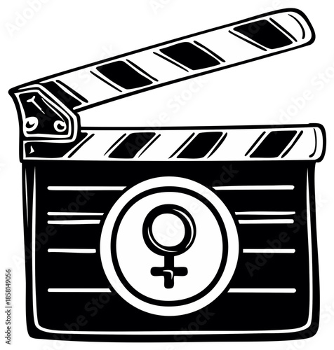 Female symbol on a movie clapperboard for film production and gender equality in cinema