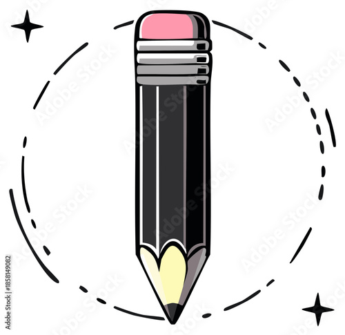 Cartoon illustration of a black pencil with an eraser, inside a dashed circle.
