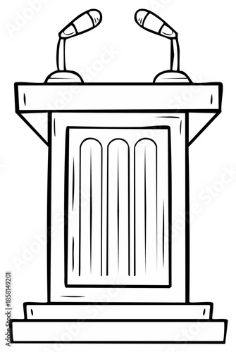 Cartoon illustration of a podium with two microphones, for public speaking or announcement