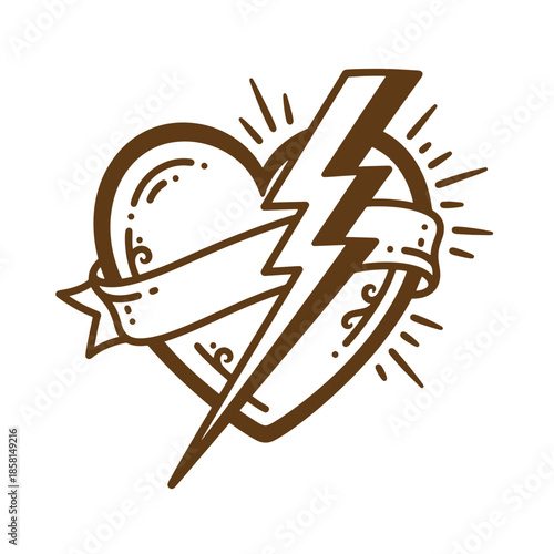 Vintage Brown heart with lightning bolt and ribbon tattoo design on white background