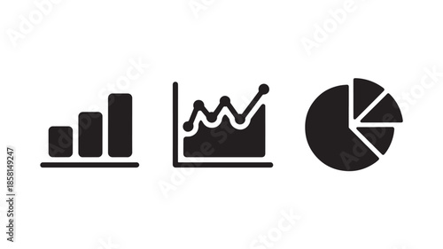 Business graphs and charts in simple flat design with black icons on white background for data analysis