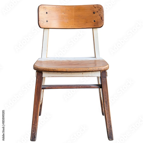 Vintage Wooden Chair with Worn Paint on White Background