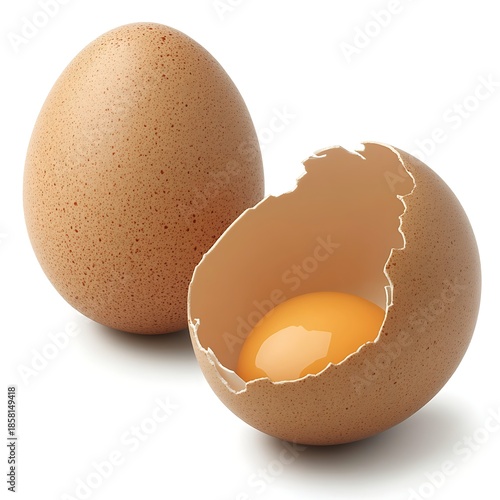 Fresh Brown Eggs, One Cracked Open Revealing Yolk and White