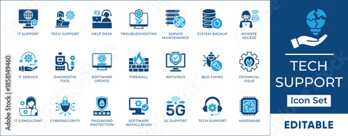 IT Support and Technical Service Vector Glyph Icons. Two-tone set featuring help desk, cybersecurity, server maintenance, firewall, and troubleshooting symbols.