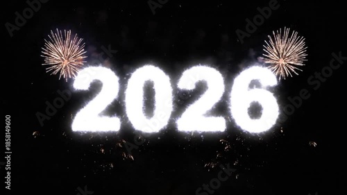 New Year's Eve fireworks celebration at night with glowing numbers 2026 in the sky
