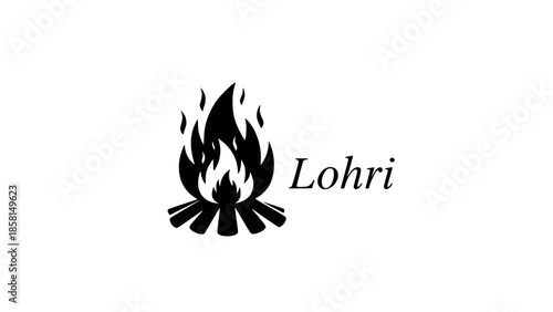 Lohri festival symbol black silhouette illustration, campfire burning with flames, traditional indian celebration lohri