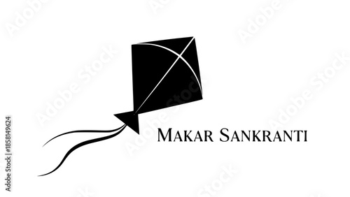 Makar sankranti kite flying festival graphic design element with black kite and tail on white background