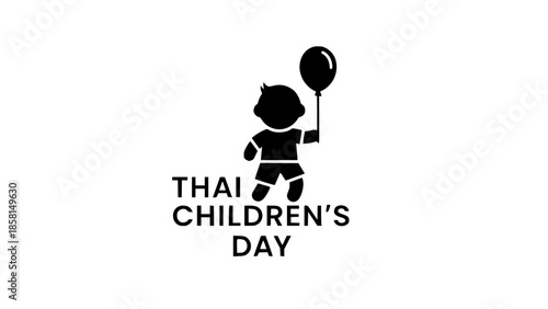 Thai children's day logo with silhouette of a child holding a balloon on white background