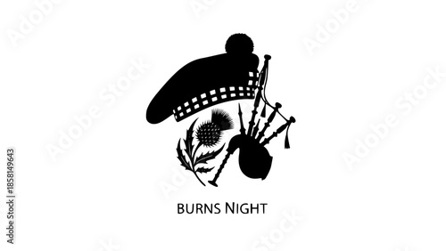 Scotland cultural symbol, thistle flower, bagpipe, tam o' shanter hat, burns night celebration, scottish heritage, traditional music, floral emblem, plaid pattern, black silhouette, white