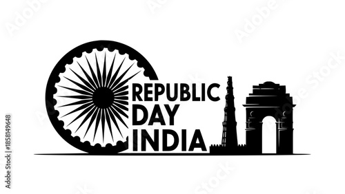 Republic day india celebration symbol with ashoka chakra and gateway of india silhouette on white background