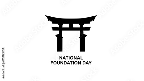 Black silhouette of a traditional japanese torii gate on white background, commemorating national foundation day with elegant simplicity