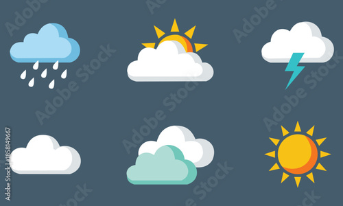 Weather icons with clouds, sun, rain, and lightning on a dark blue background for forecasting and atmospheric conditions vector illustration