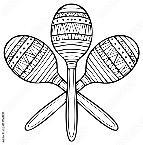 Black and white illustration of three crossed maracas, musical instruments.