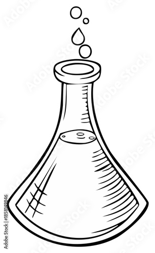 Chemistry flask with bubbles rising from liquid in a simple line art drawing