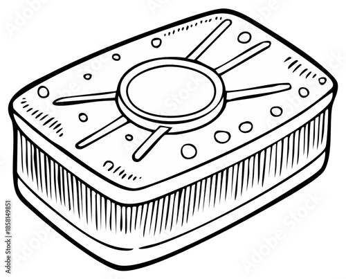 Hand drawn illustration of a portable camping stove with radial burner elements and side vents
