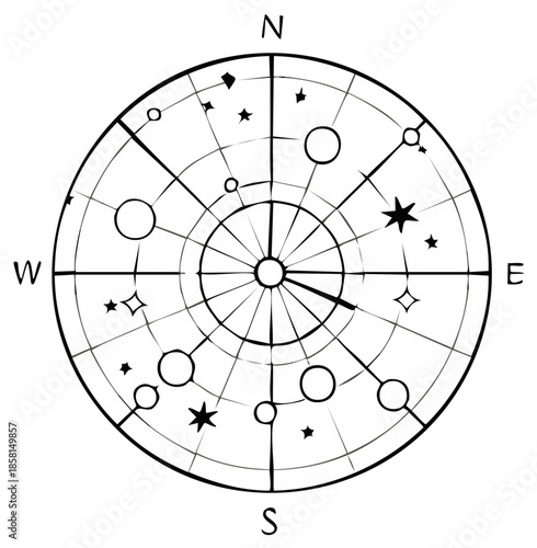 Celestial Compass with Stars and Planets, Navigational Tool Concept