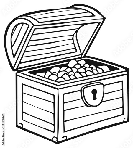 Open wooden treasure chest filled with gold coins, illustration