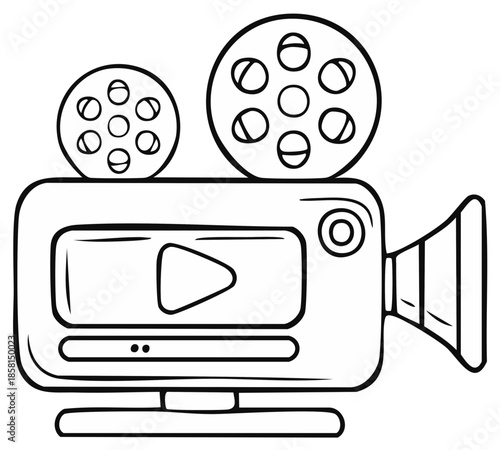 Doodle Style Retro Film Camera with Play Button on Screen, Vintage Movie Projector