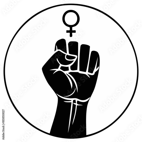 Raised fist symbol with Venus symbol inside circular outline, icon for social justice and female empowerment.