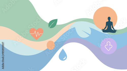 A serene abstract illustration depicting wellness, health, nature, and mindfulness with flowing pastel waves and various symbolic icons.