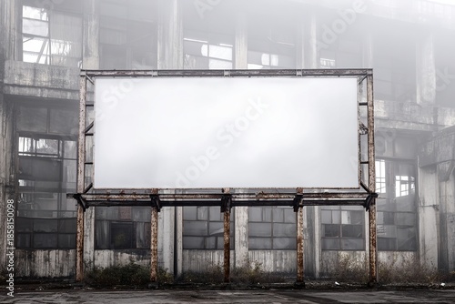 Weathered metal billboard in front of abandoned industrial building