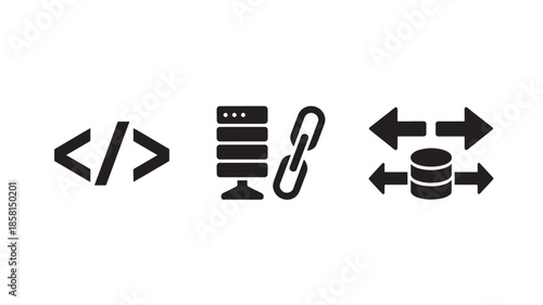 Code and database sync icon set for web development and data exchange